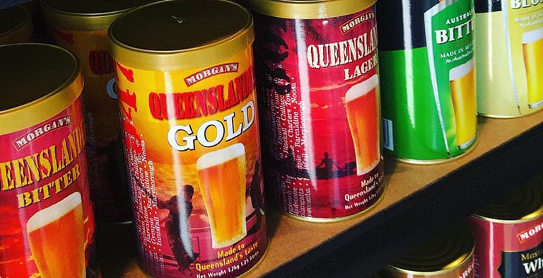 Shelf of Morgan's brew-in-a-can beer kits at The Brew Store